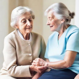 Generate an image of a young caregiver tenderly treating an elderly lady