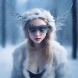 Generate an image of a blind winter fairy who is crying tar