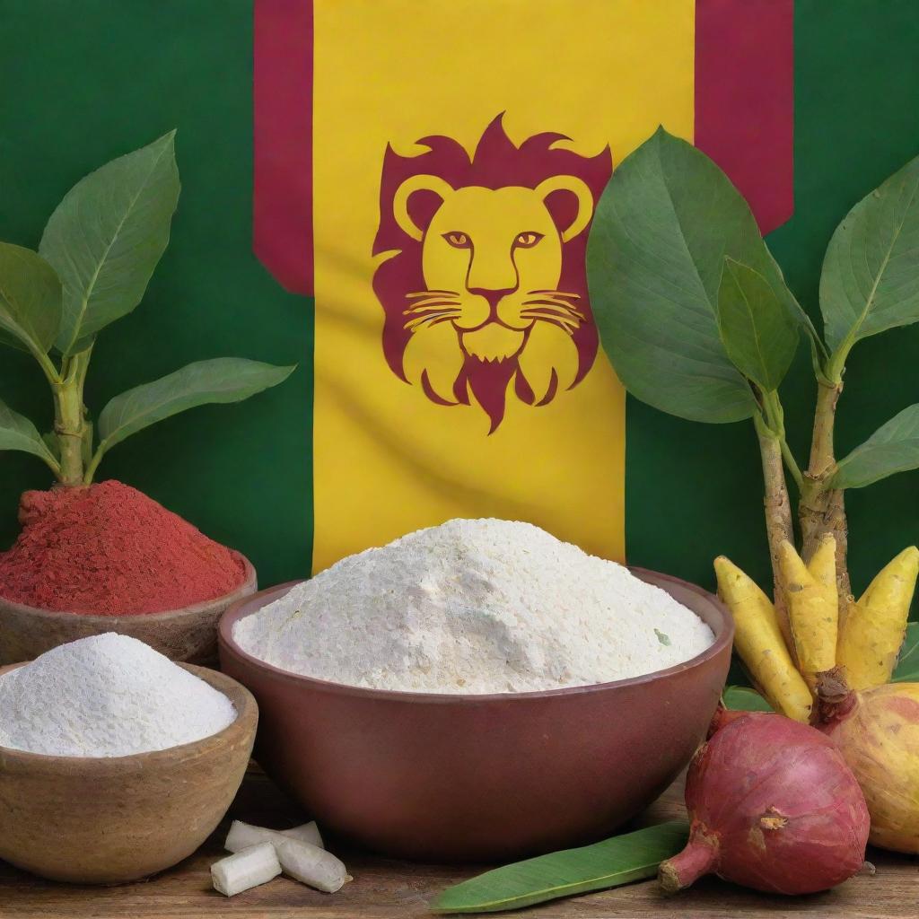 Festive Sri Lanka Independence Day image, showcasing the national flag with its lion symbol, interspersed with cassava plants and containers of white cassava starch. Predominant hues of yellow, maroon and green underscoring the celebration.