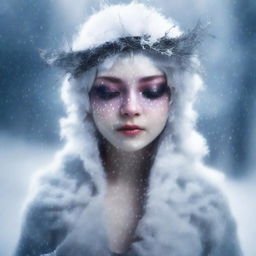 Generate an image of a blind winter fairy who is crying tar