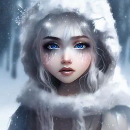 Generate an image of a blind winter fairy who is crying tar