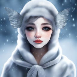 Generate an image of a blind winter fairy who is crying tar