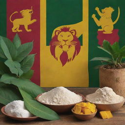 Festive Sri Lanka Independence Day image, showcasing the national flag with its lion symbol, interspersed with cassava plants and containers of white cassava starch. Predominant hues of yellow, maroon and green underscoring the celebration.