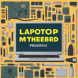 Create a book cover featuring a detailed image of a laptop motherboard with various repair tools around it