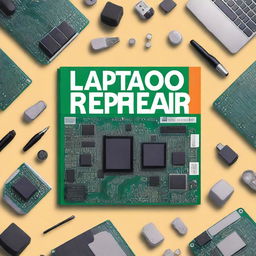 Create a book cover featuring a detailed image of a laptop motherboard with various repair tools around it