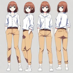 Generate an image of a cheerful anime girl dressed in casual pants