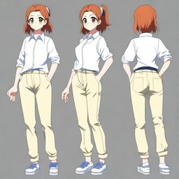 Generate an image of a cheerful anime girl dressed in casual pants