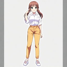 Generate an image of a cheerful anime girl dressed in casual pants