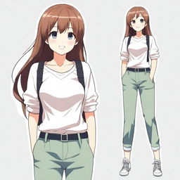 Generate an image of a cheerful anime girl dressed in casual pants