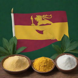 Festive Sri Lanka Independence Day image, showcasing the national flag with its lion symbol, interspersed with cassava plants and containers of white cassava starch. Predominant hues of yellow, maroon and green underscoring the celebration.