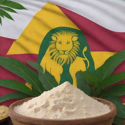 Festive Sri Lanka Independence Day image, showcasing the national flag with its lion symbol, interspersed with cassava plants and containers of white cassava starch. Predominant hues of yellow, maroon and green underscoring the celebration.