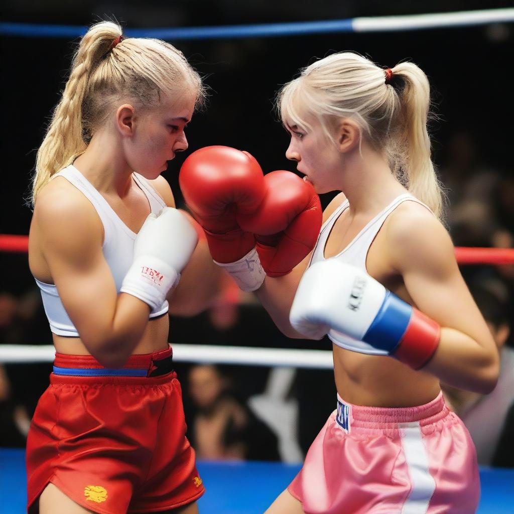 A 20-year-old Spanish blonde girl with large breasts fighting against an 18-year-old Russian in a boxing tournament