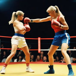 A 20-year-old Spanish blonde girl with large breasts fighting against an 18-year-old Russian in a boxing tournament