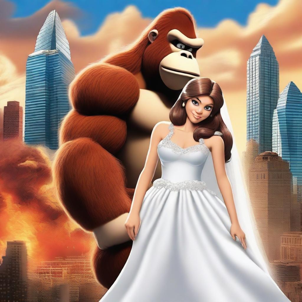 Create a movie poster for a fictional movie titled "Bridezilla vs Donkey Kong" in a realistic style