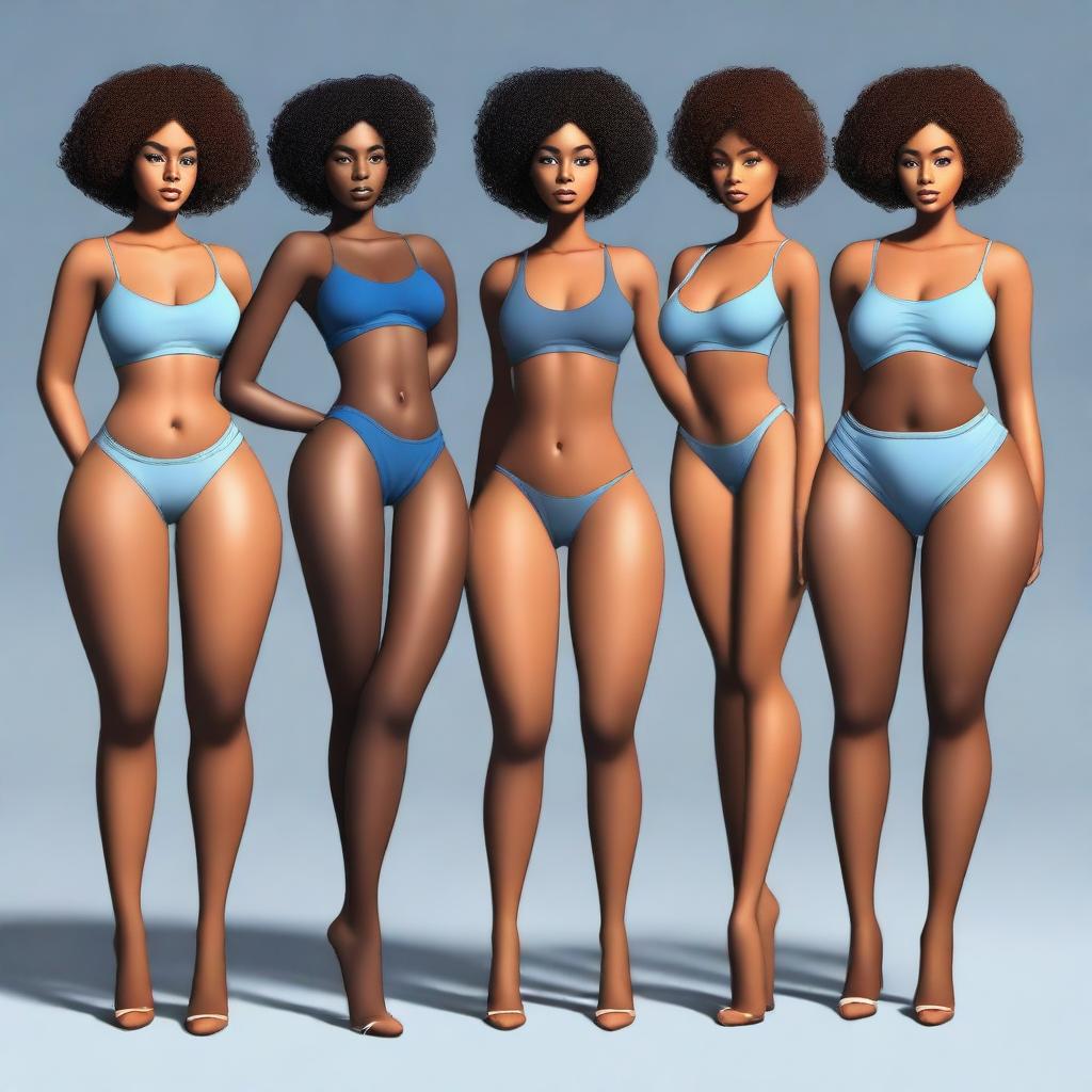 Create an image of a Black African woman with slim body, thick legs, curvy ass, short hair, and blue eyes