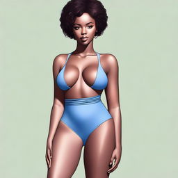 Create an image of a Black African woman with slim body, thick legs, curvy ass, short hair, and blue eyes