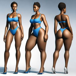 Create an image of a Black African woman with slim body, thick legs, curvy ass, short hair, and blue eyes