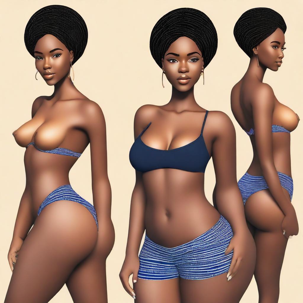 Generate an image of a young Black African woman with a slim body, thick legs, curvy ass, short hair, and blue eyes