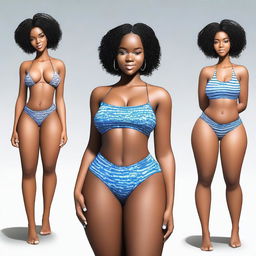 Generate an image of a young Black African woman with a slim body, thick legs, curvy ass, short hair, and blue eyes