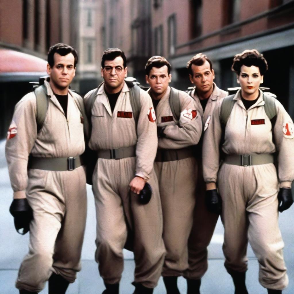 An image of the Ghostbusters team as if they were in the 1950s