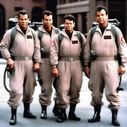 An image of the Ghostbusters team as if they were in the 1950s