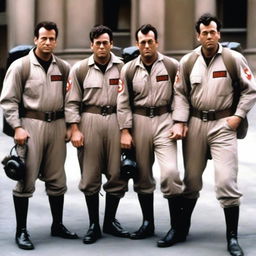 An image of the Ghostbusters team as if they were in the 1950s