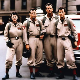 An image of the Ghostbusters team as if they were in the 1950s