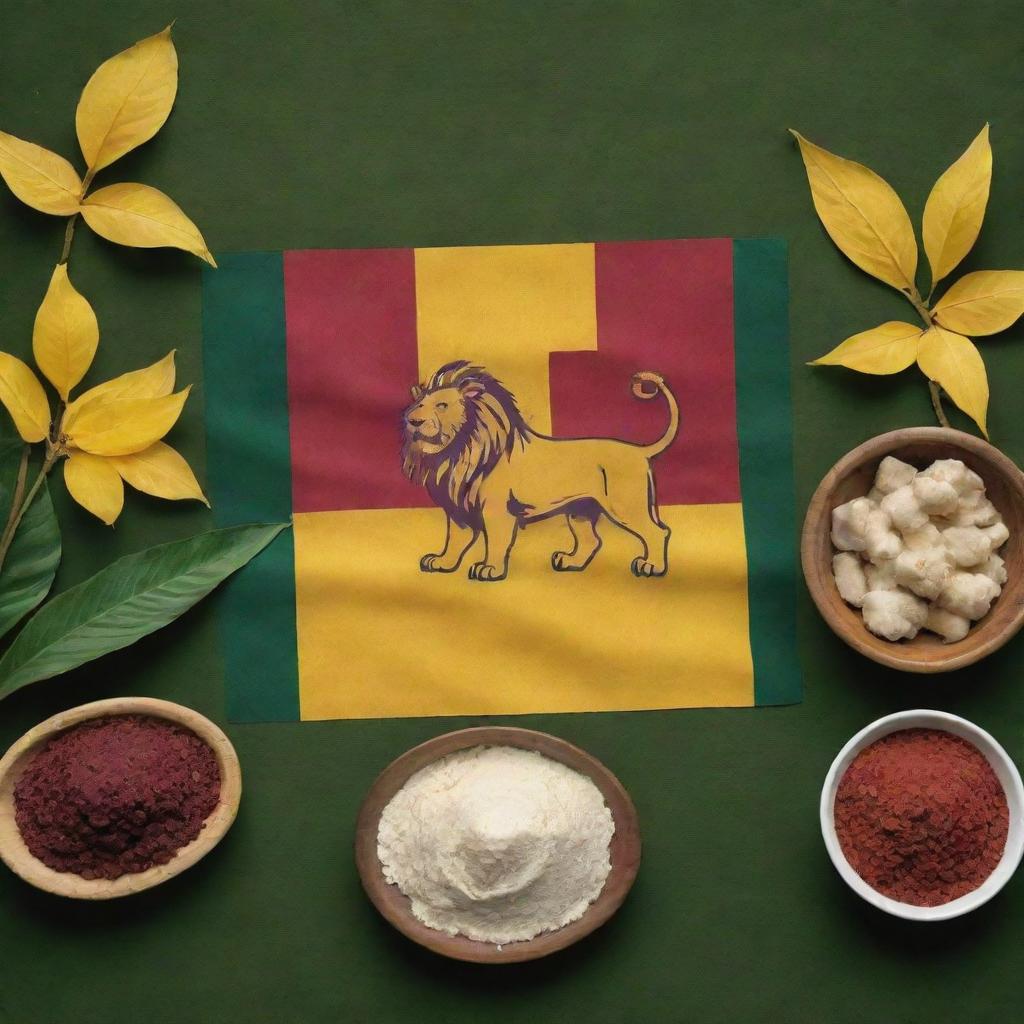 A vibrant image of Ceylon Independence Day, displaying the national flag featuring the lion symbol, alongside cassava plants and bowls of white cassava starch. Dominant colors are yellow, maroon, and green, representing the celebratory occasion.