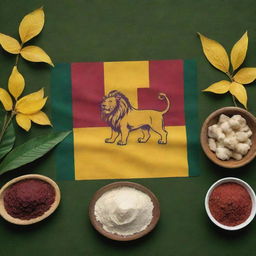 A vibrant image of Ceylon Independence Day, displaying the national flag featuring the lion symbol, alongside cassava plants and bowls of white cassava starch. Dominant colors are yellow, maroon, and green, representing the celebratory occasion.