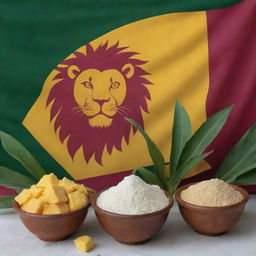 A vibrant image of Ceylon Independence Day, displaying the national flag featuring the lion symbol, alongside cassava plants and bowls of white cassava starch. Dominant colors are yellow, maroon, and green, representing the celebratory occasion.