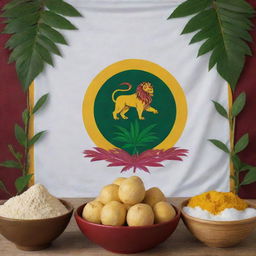 A vibrant image of Ceylon Independence Day, displaying the national flag featuring the lion symbol, alongside cassava plants and bowls of white cassava starch. Dominant colors are yellow, maroon, and green, representing the celebratory occasion.