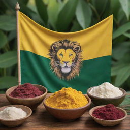 A vibrant image of Ceylon Independence Day, displaying the national flag featuring the lion symbol, alongside cassava plants and bowls of white cassava starch. Dominant colors are yellow, maroon, and green, representing the celebratory occasion.