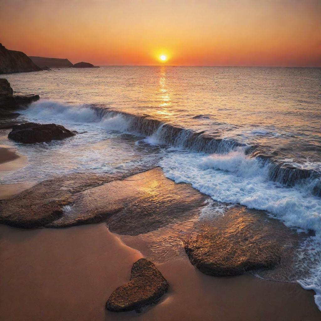 A breathtakingly beautiful landscape of a vibrant sunset with a cascade of warm hues melting into each other, casting long shadows over a tranquil sea.