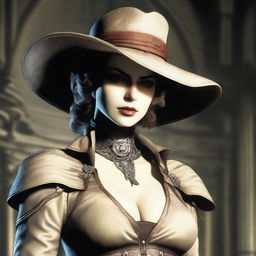 An image of Lady Dimitrescu, the character from Resident Evil, depicted in a tasteful and respectful manner, emphasizing her tall stature and imposing presence