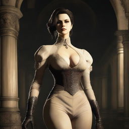 An image of Lady Dimitrescu, the character from Resident Evil, depicted in a tasteful and respectful manner, emphasizing her tall stature and imposing presence