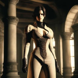 An image of Lady Dimitrescu, the character from Resident Evil, depicted in a tasteful and respectful manner, emphasizing her tall stature and imposing presence