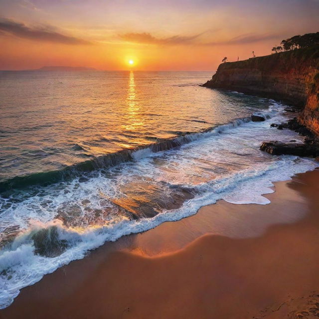 A breathtakingly beautiful landscape of a vibrant sunset with a cascade of warm hues melting into each other, casting long shadows over a tranquil sea.