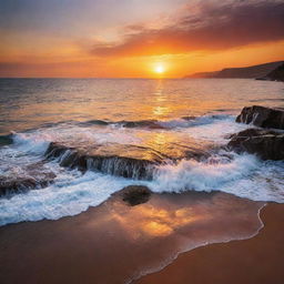 A breathtakingly beautiful landscape of a vibrant sunset with a cascade of warm hues melting into each other, casting long shadows over a tranquil sea.