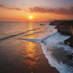 A breathtakingly beautiful landscape of a vibrant sunset with a cascade of warm hues melting into each other, casting long shadows over a tranquil sea.