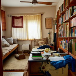 A cozy 10x10 room of a married UPSC aspirant, filled with numerous books. There's a single mini bed, a comfortable sofa and a study table. Elements hinting a shared living based on the presence of his wife.