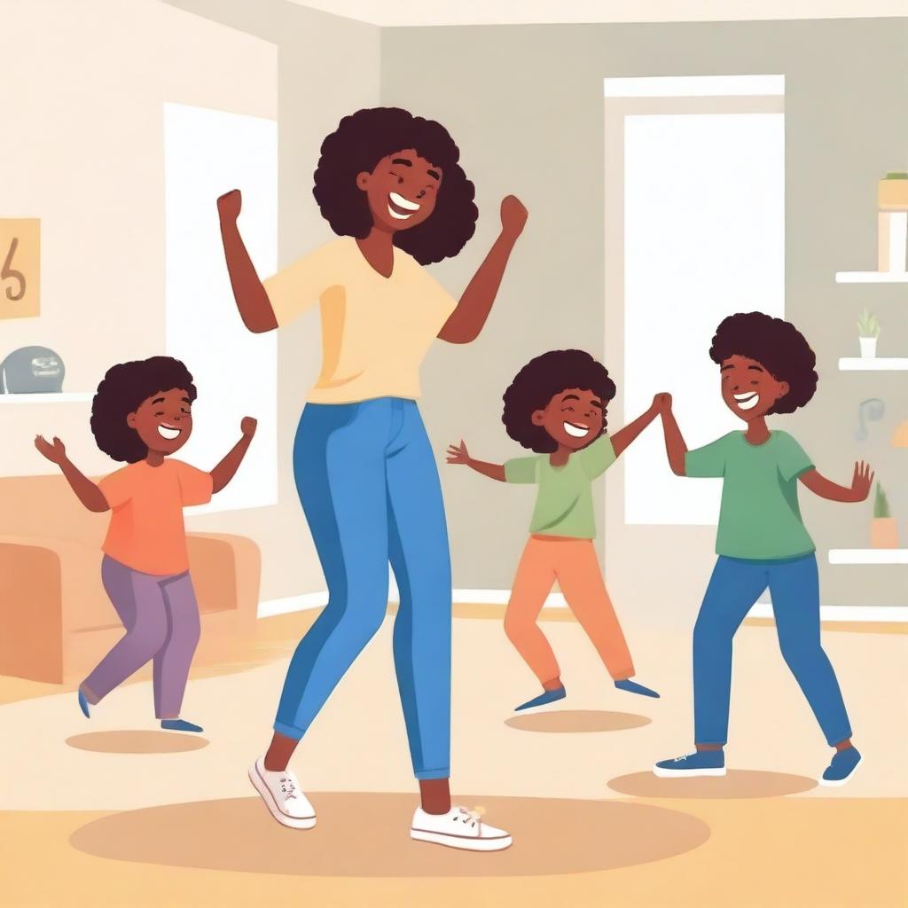 Generate an image of a babysitter dancing in a fun, energetic manner