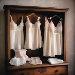 An elegant display of various types of lingerie, featuring lacy bras, silk nightgowns, and delicate panties, all arranged neatly on a vintage wooden dresser