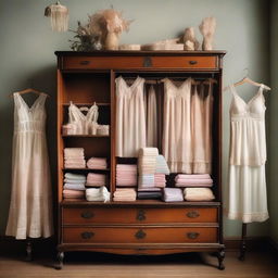 An elegant display of various types of lingerie, featuring lacy bras, silk nightgowns, and delicate panties, all arranged neatly on a vintage wooden dresser