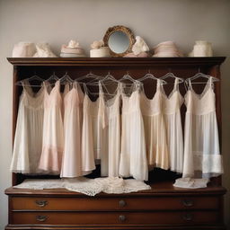 An elegant display of various types of lingerie, featuring lacy bras, silk nightgowns, and delicate panties, all arranged neatly on a vintage wooden dresser