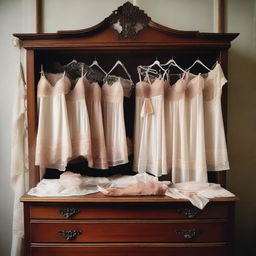 An elegant display of various types of lingerie, featuring lacy bras, silk nightgowns, and delicate panties, all arranged neatly on a vintage wooden dresser