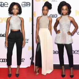 Generate an image of Marsai Martin, a 19-year-old actress, in a tasteful and elegant outfit that is not explicit or offensive