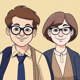 Generate an image of two people with brown hair in a cartoon style