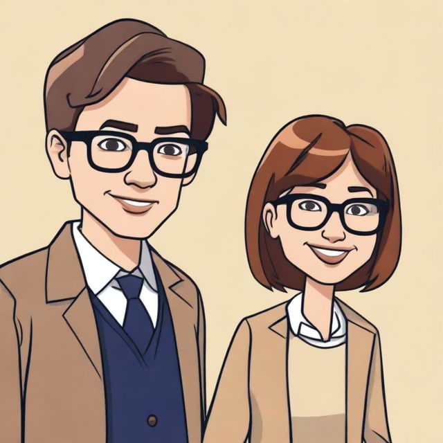 Generate an image of two people with brown hair in a cartoon style