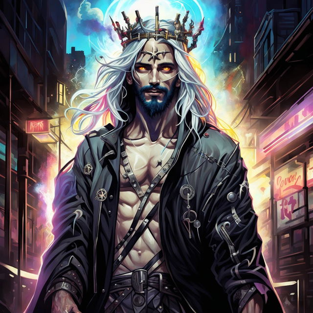 Digital art of Ghostpunk Jesus, a spectral figure with punk attire and traditional Jesus features in a grungy cityscape at night. He has a devilish grin and holds a microphone stand made of ethereal energy and rusted iron.