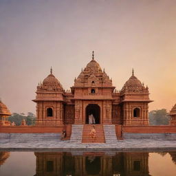 A golden and elaborately detailed Ram Mandir in Ayodhya under a serene sunrise. Prime Minister Modi and Chief Minister Yogi Adityanath are present, clad in traditional attire, respectful and serene.